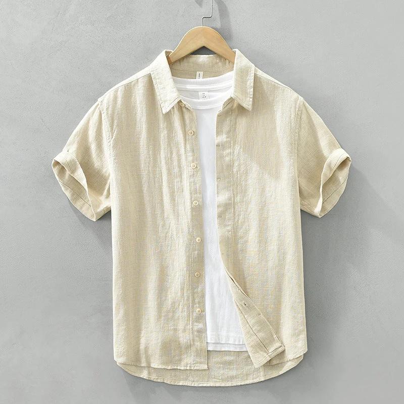 Comfortable Breathable Cotton And Linen Lapel Short Sleeve Shirt by GJG Denim