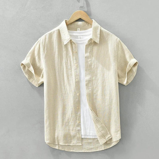 Comfortable Breathable Cotton And Linen Lapel Short Sleeve Shirt by GJG Denim