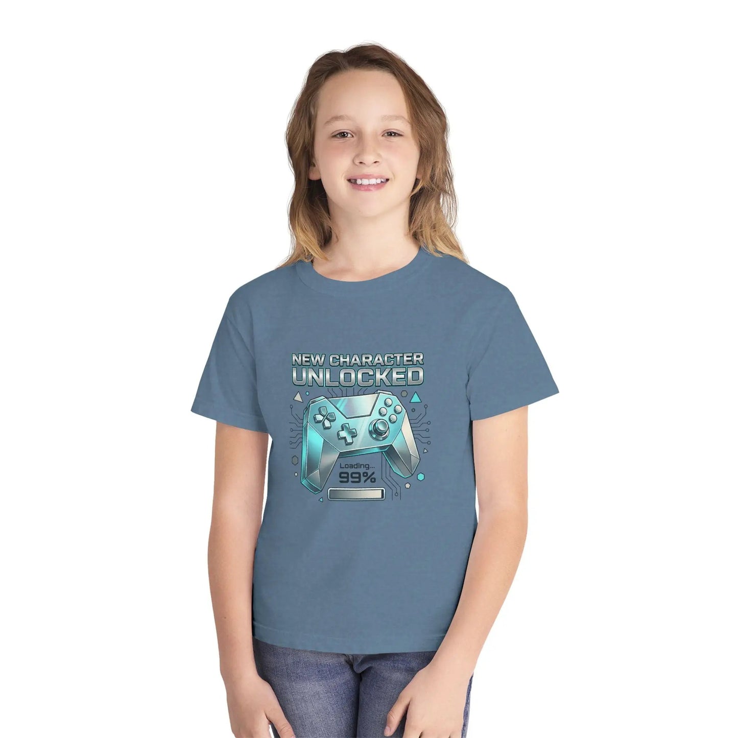 Youth Gaming Tee - "New Character Unlocked" Controller Design (Loading 99%) by Printify