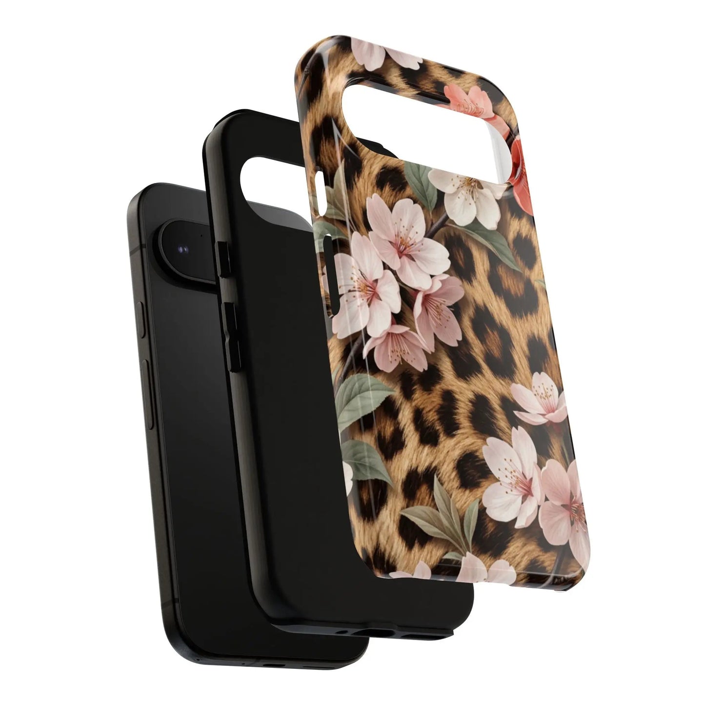 Leopard Floral Tough Case — Protective Phone Case with Pink Cherry Blossoms by Printify
