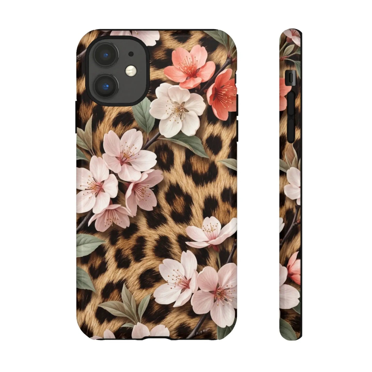 Leopard Floral Tough Case — Protective Phone Case with Pink Cherry Blossoms by Printify