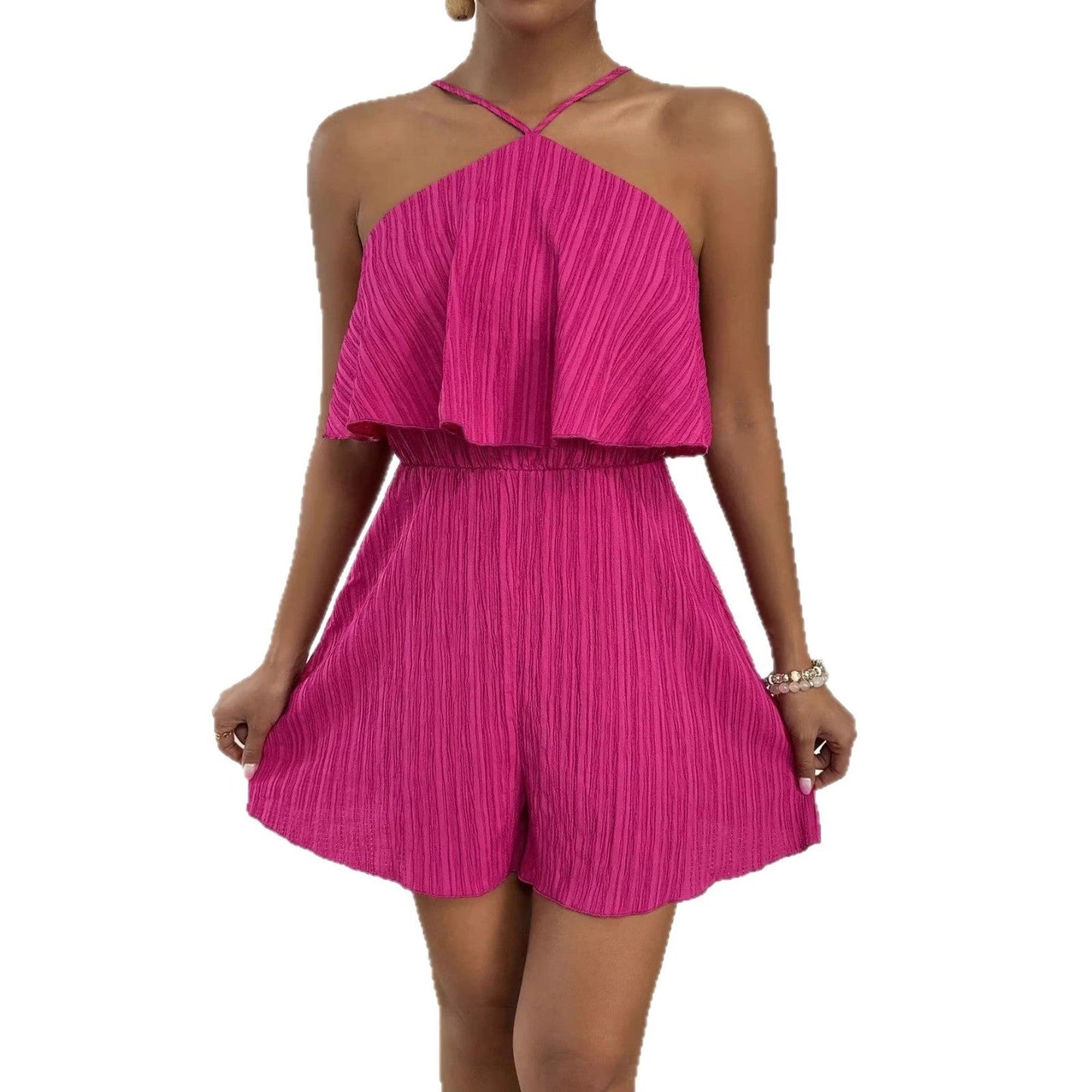 Stylish Crinkled Fabric Halterneck Ruffled Jumpsuit by GJG Denim