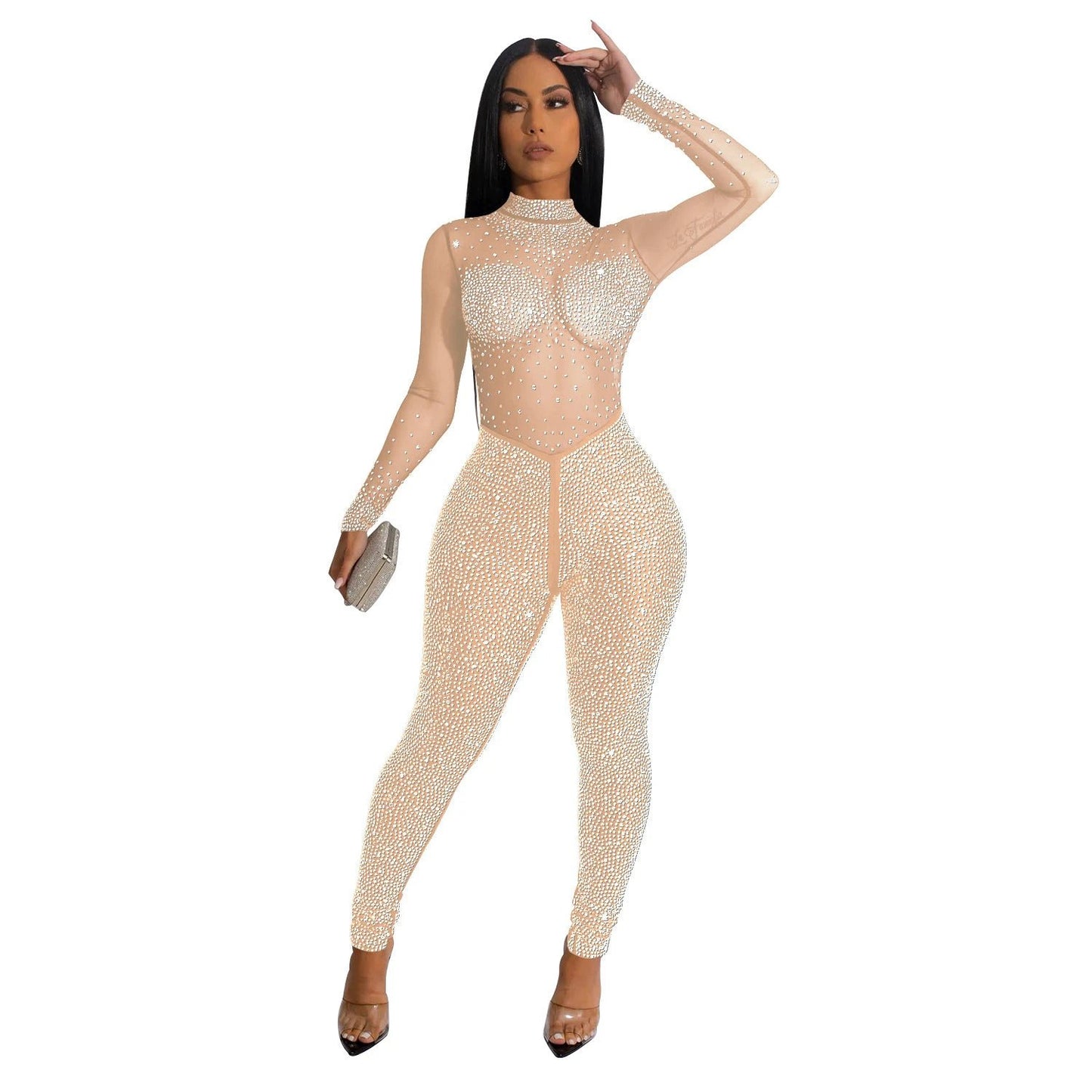 Fashion Women's Pure Color Mesh Hot Drilling Long Sleeve Jumpsuit by GJG Denim
