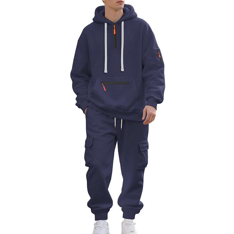 Men's Loose Sports And Leisure Suit Sweater Fleece-lined Hoodie Set Zipper Multi-Pocket Pullover Men's Sports Casual Top Two-piece Set by GJG Denim