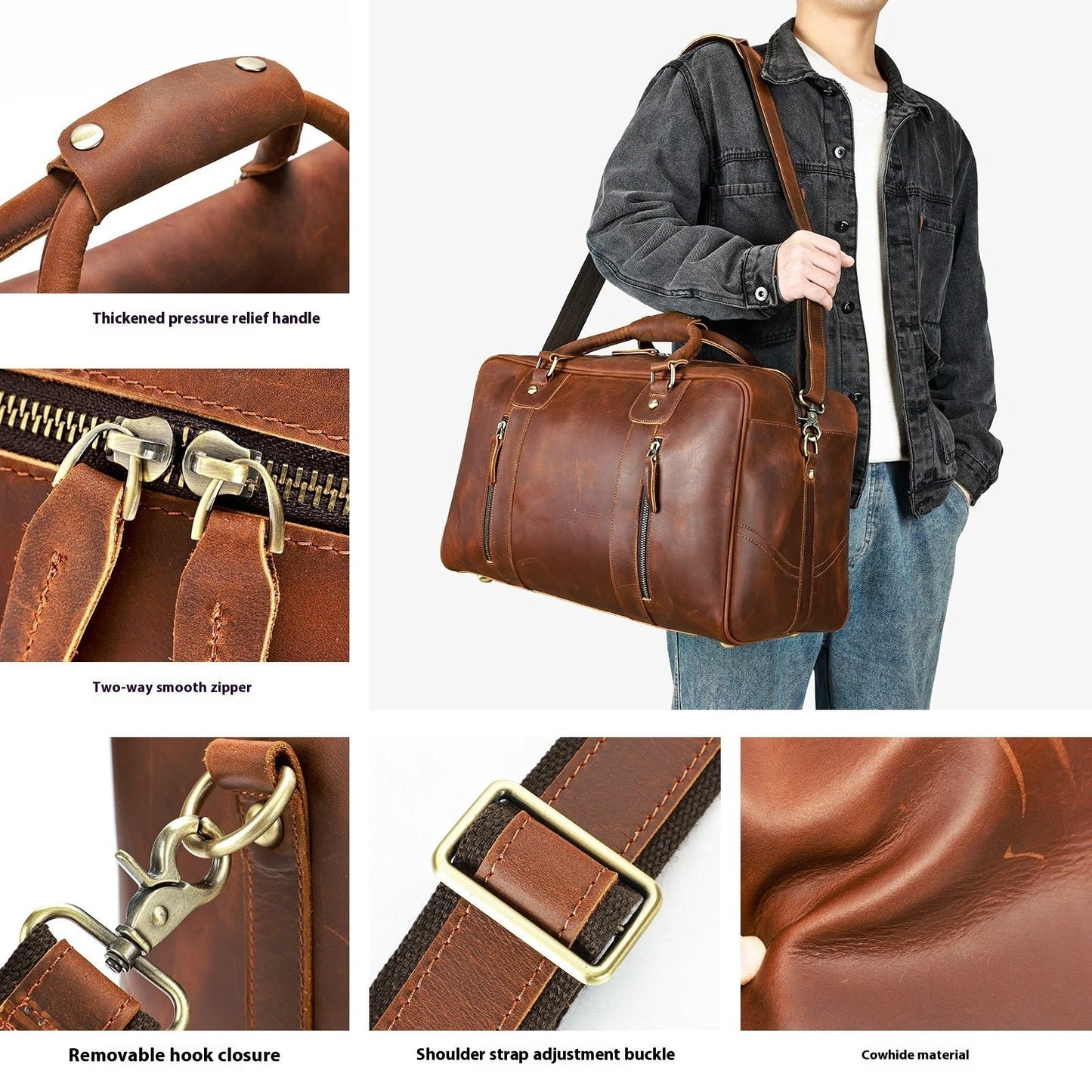 Men's Retro Short-distance Travel Bag Genuine Leather by GJG Denim