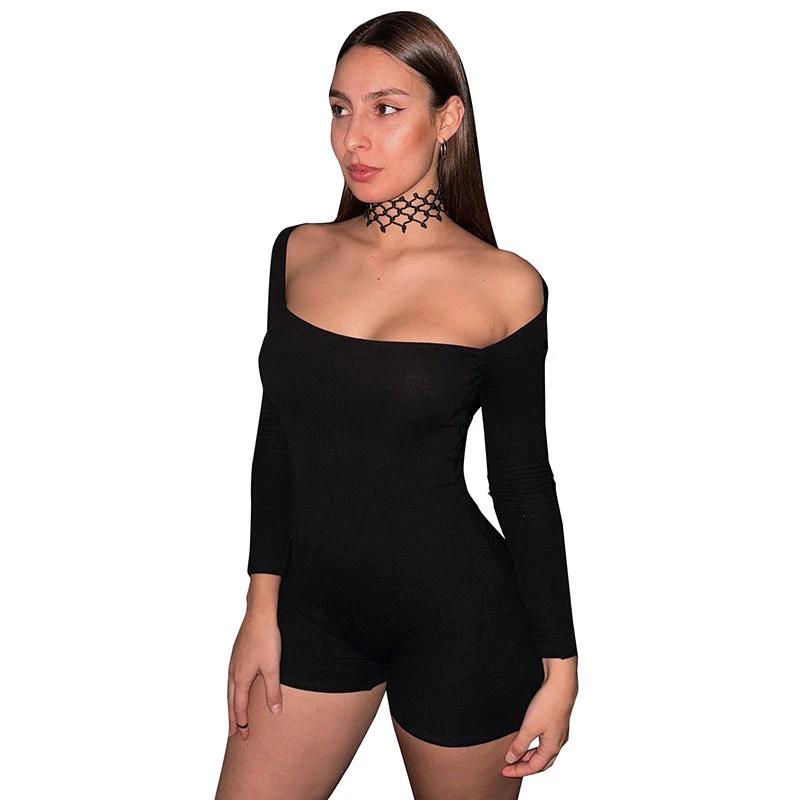 Womens Sexy Solid-Color U-Neck Backless Long-Sleeve Bodycon Jumpsuit With Shorts by GJG Denim