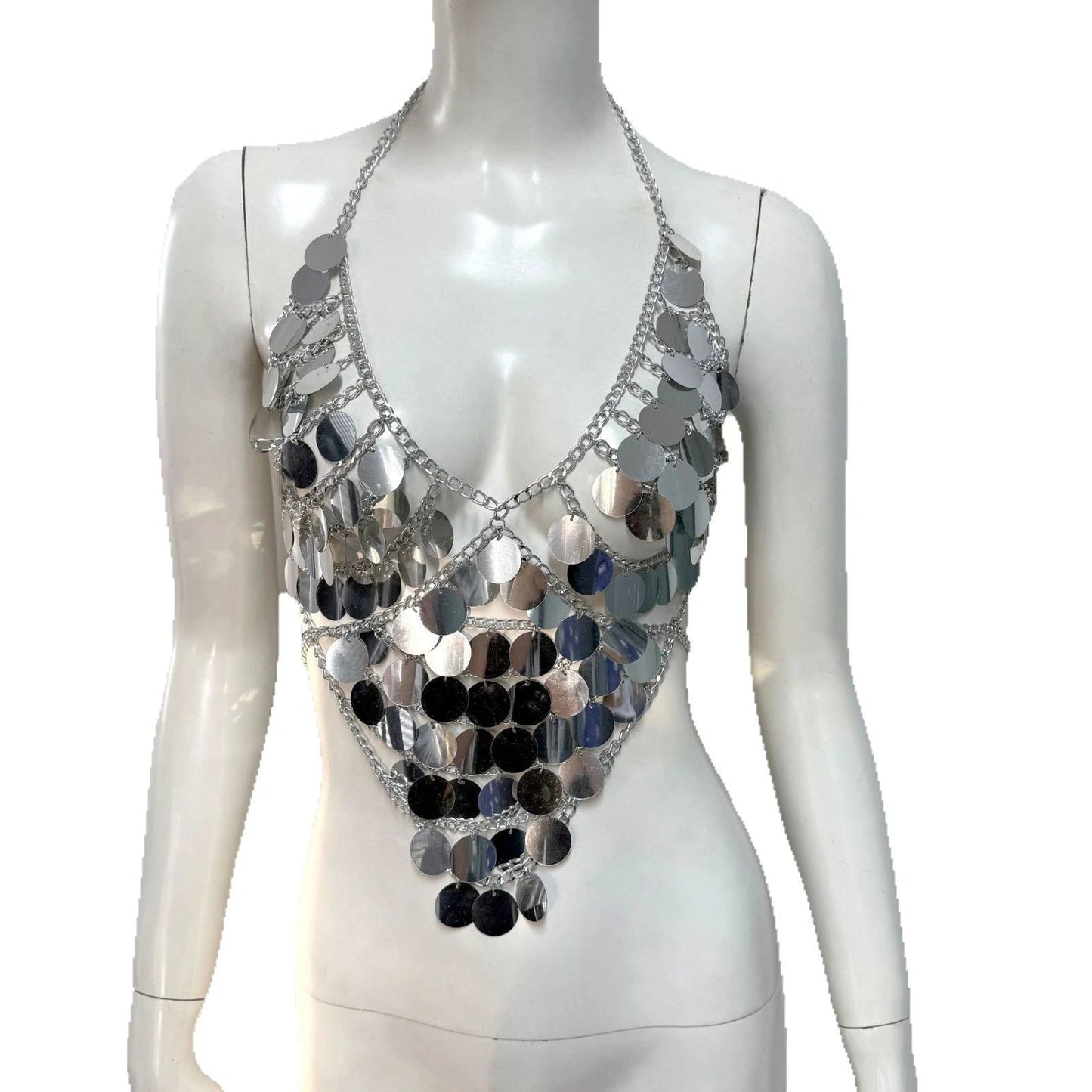 Women's Fishnet Sequin Stitching Halterneck Vest by GJG Denim