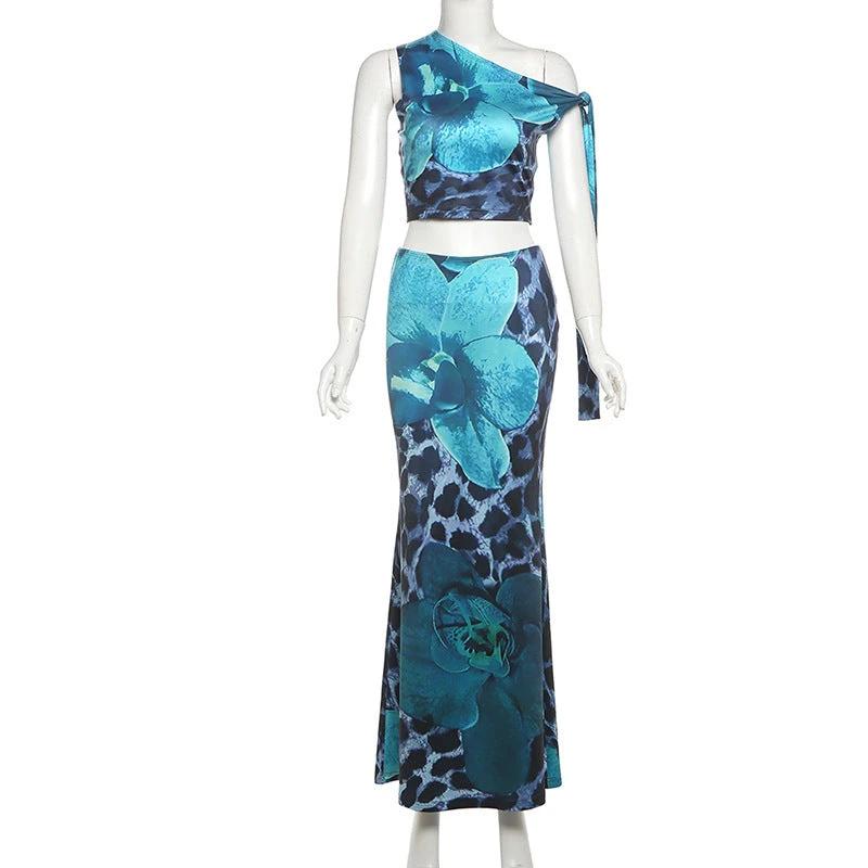 Contrast Color Leopard Print Flower Print Sleeveless Midriff-baring Long Dress Suit by GJG Denim