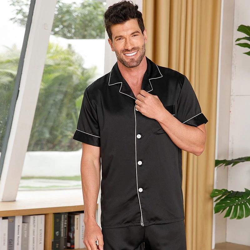 Men's Silk Pajamas Solid Color Polo Collar by GJG Denim