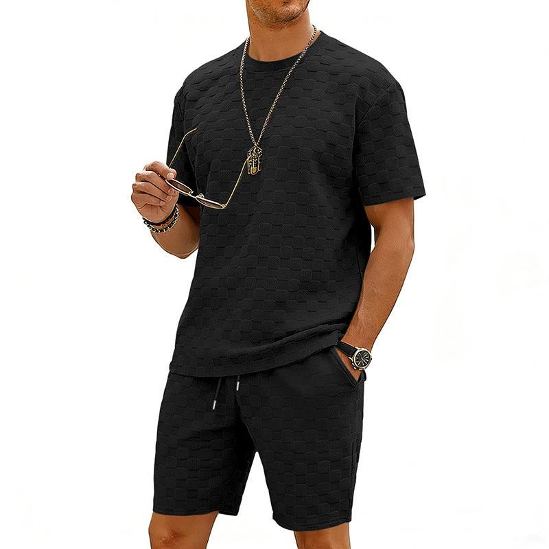 Checkered Mens Short-sleeve T-shirt And Casual Shorts Set by GJG Denim