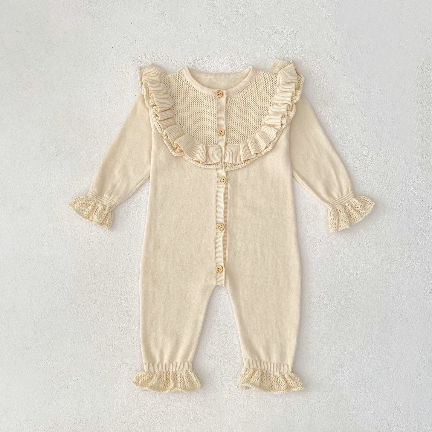 Baby Girl Round Neck Ruffled Stitching Long Climbing Fashionable Stylish Solid Color Jumpsuit by GJG Denim