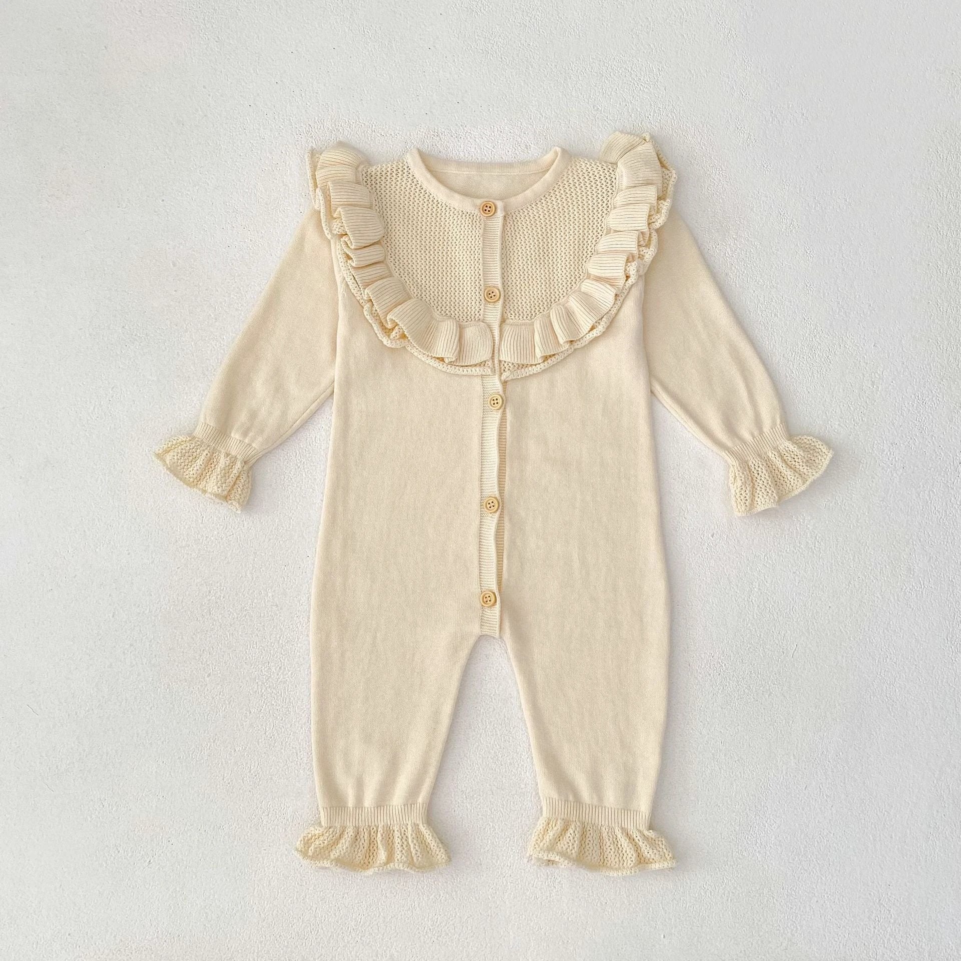 Baby Girl Round Neck Ruffled Stitching Long Climbing Fashionable Stylish Solid Color Jumpsuit by GJG Denim