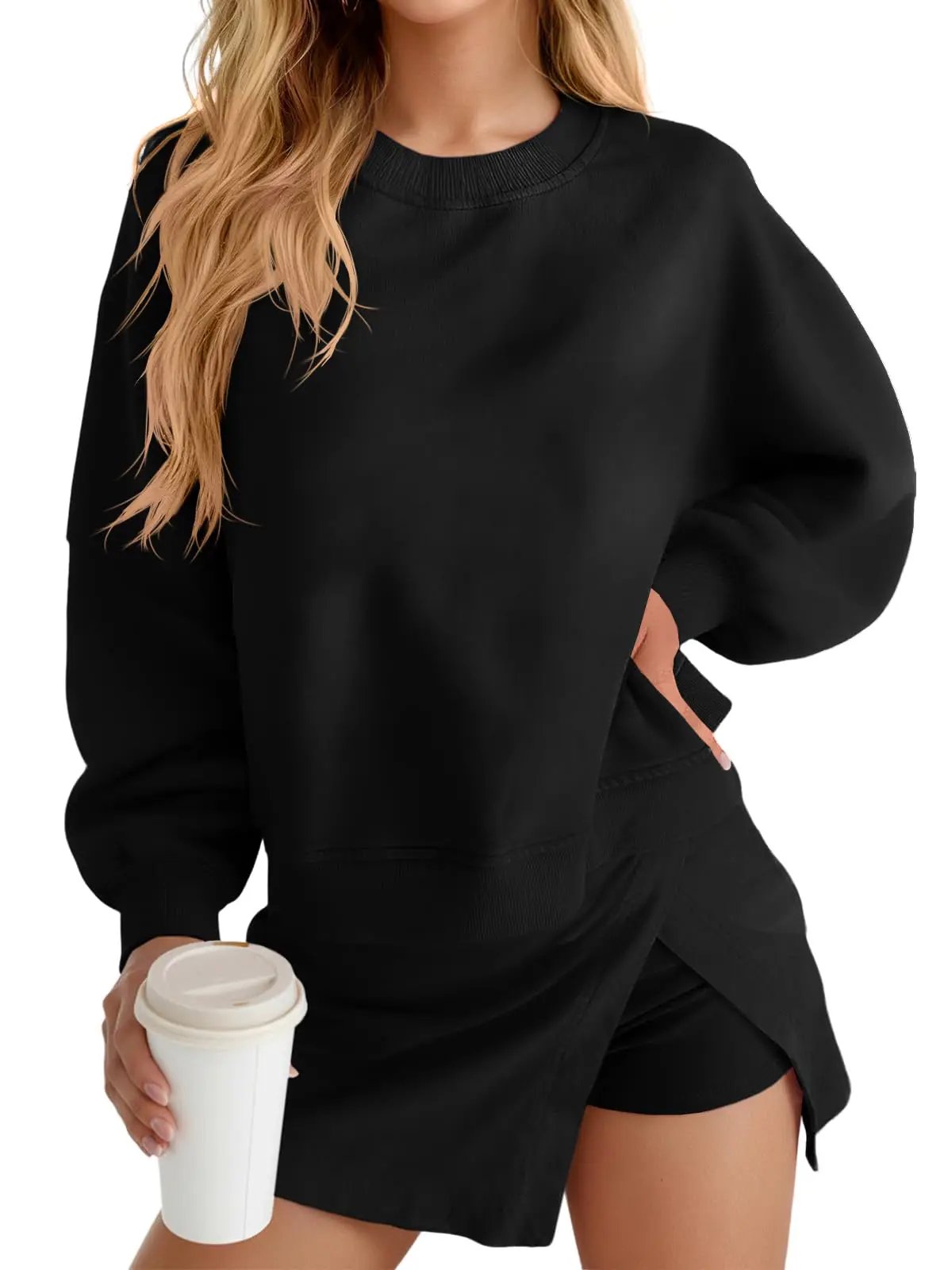Fisoew 2 Piece Sets For Women Cotton Workout Sets Sweatshirt Top High Waisted Lined Split Athletic Skirt Set by GJG Denim