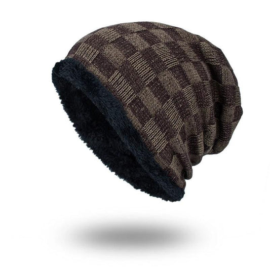 Men's Knitted Wool Plus Velvet Warm Contrast Color Small Square Beanie by GJG Denim