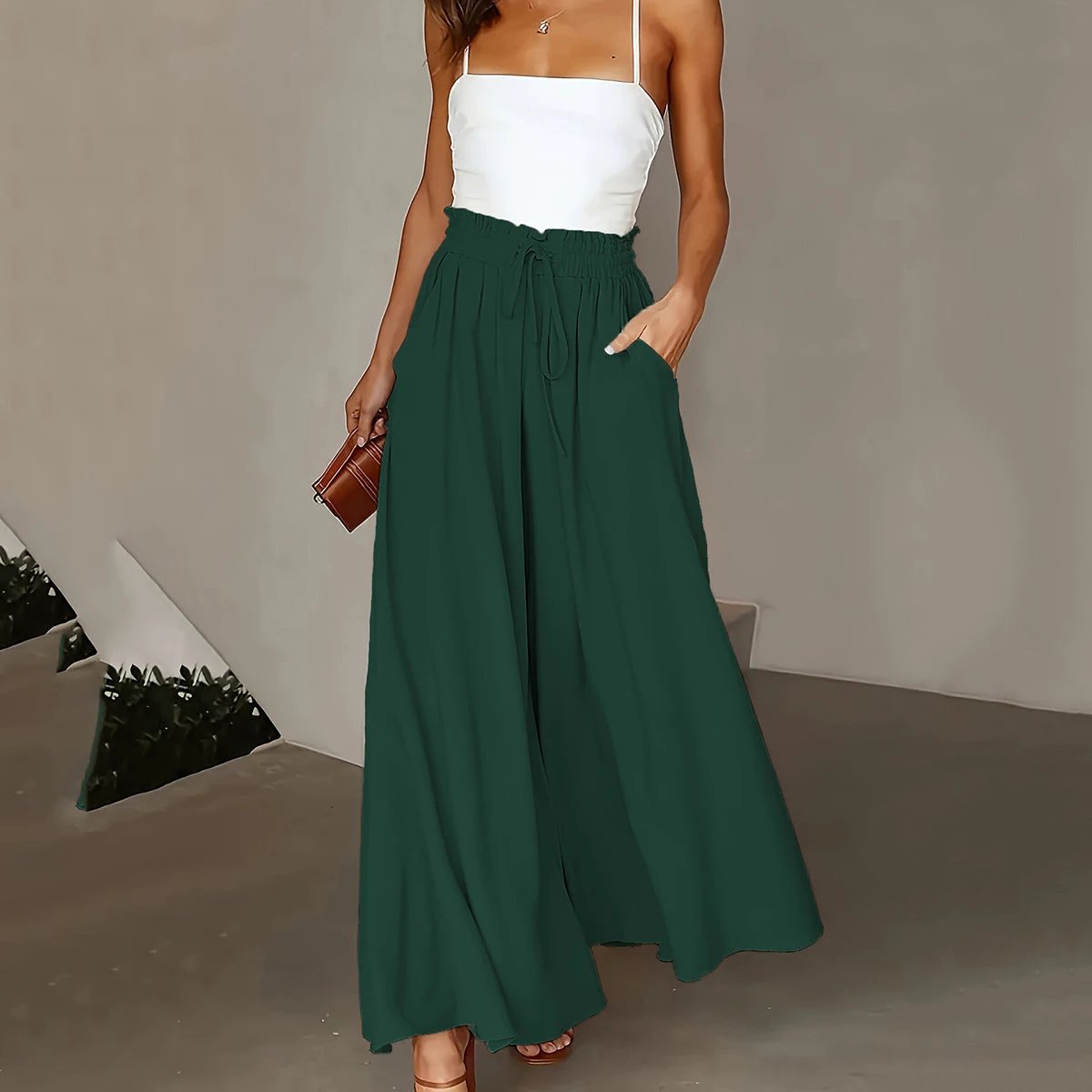 Plus Size Wide Leg Pants - Stylish Solid Paper Bag Waist Design, Elegant Pocket Tie Front, Loose Fit For Comfort, Perfect For Spring & Summer, Women's Fashionable Clothing For Curvy Figures by GJG Denim