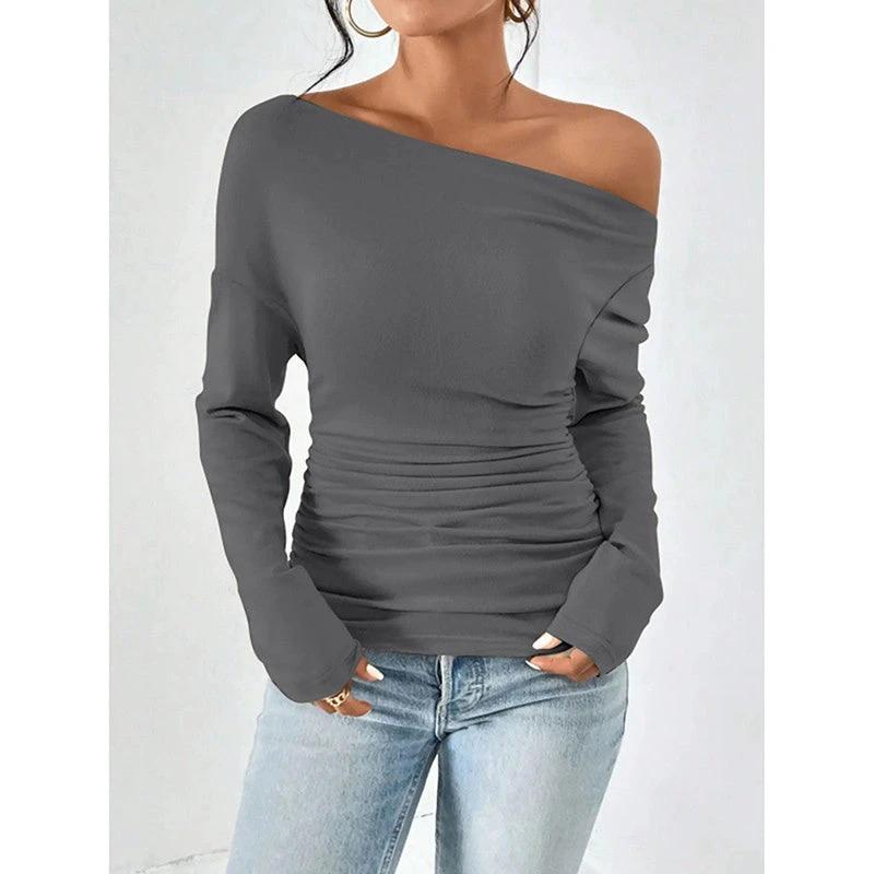 Women's Off The Shoulder Tops Long Sleeve T Shirts Going Out Tops Casual Trendy Ruched Slim Fitted Tees by GJG Denim