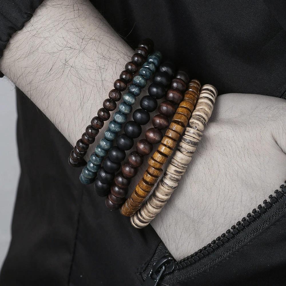 Retro Men's Coconut Wood Multi-Layer Stackable Bracelet Set by GJG Denim