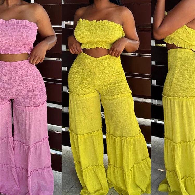 Smocking Stitching Strapless Top Pants Two-piece Suit by GJG Denim