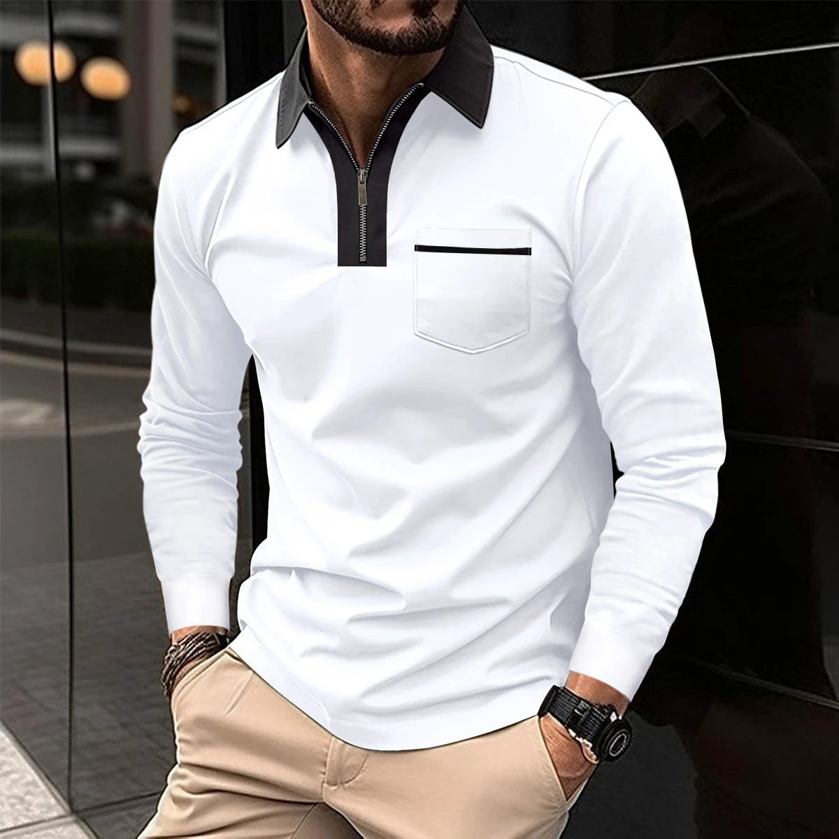 Men's Long Sleeve Zipper Polo Shirts Lapel Collar Zip Up by GJG Denim