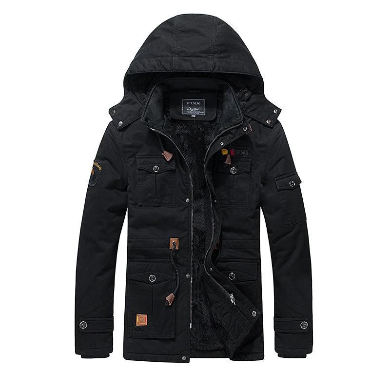 Men's Fleece Padded Mid-length Hooded Jacket by GJG Denim
