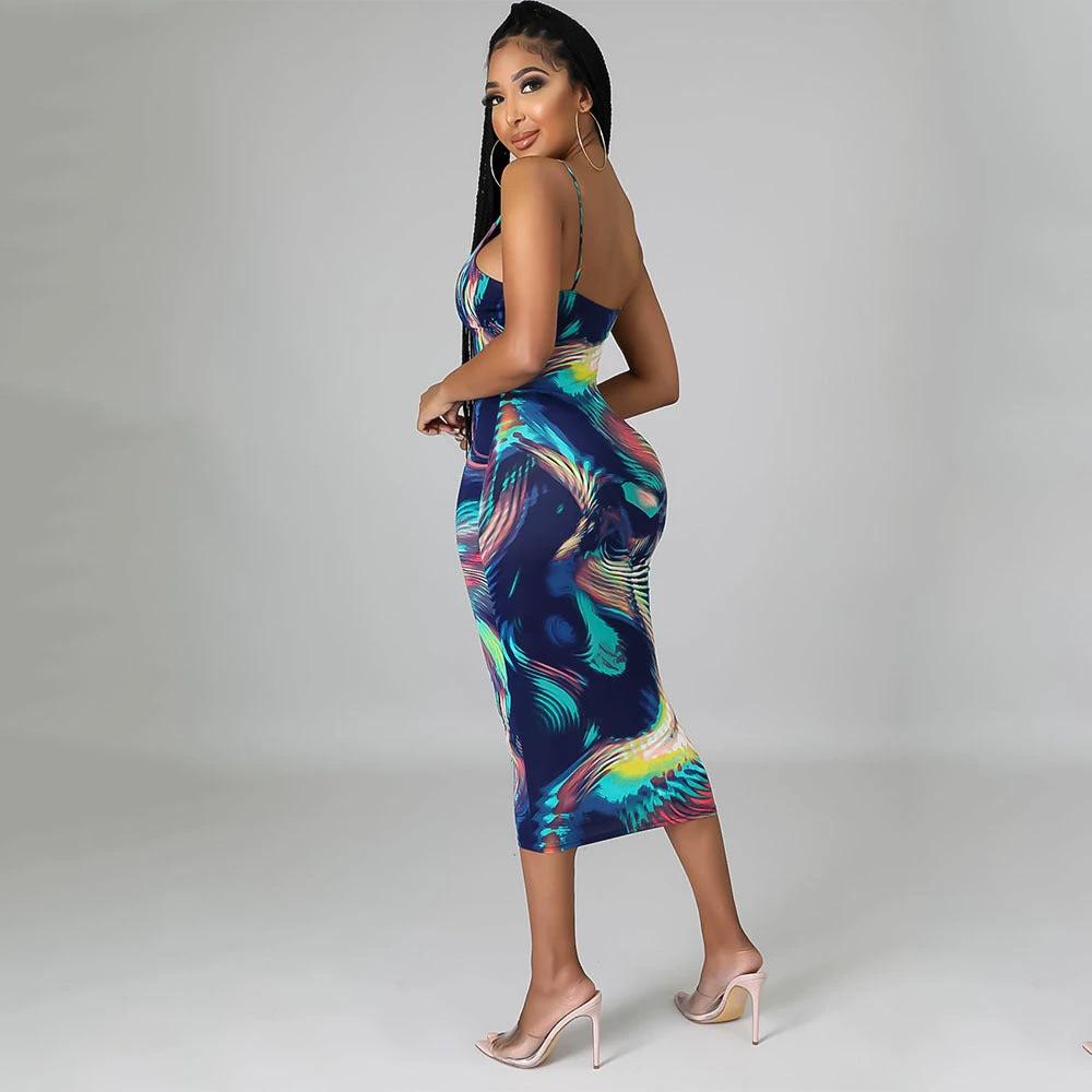Fashion Sexy Digital Print Suspender Dress by GJG Denim