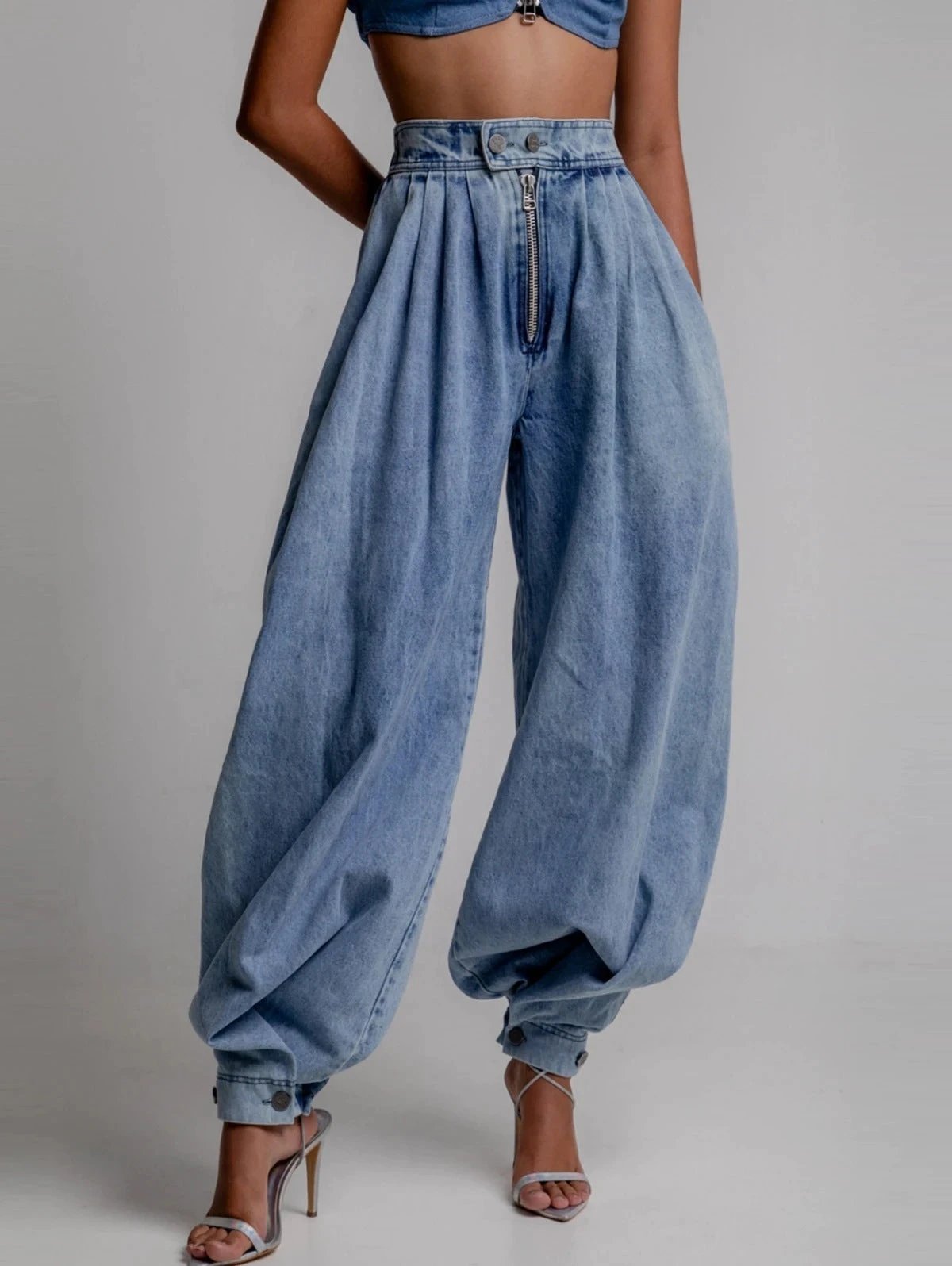 High Waist Zipper Denim Loose Harem Pants by GJG Denim