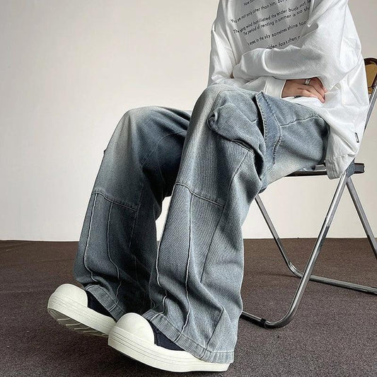 Washed Vintage Denim Men's Versatile Wide-Leg Multi-Pocket Casual Jeans by GJG Denim