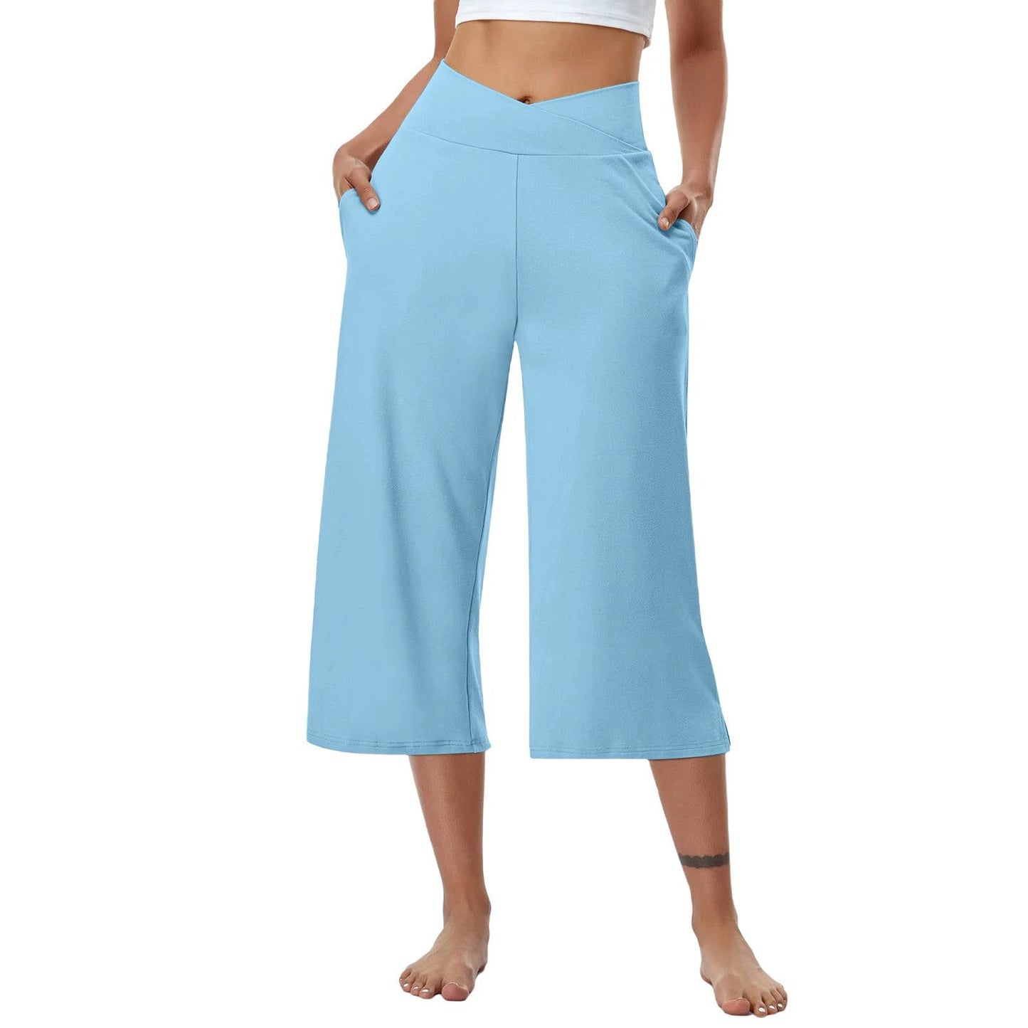 High-Waist Butt-Lifting V-Shaped Waist Wide-Leg Fitness Running Cropped Pants by GJG Denim