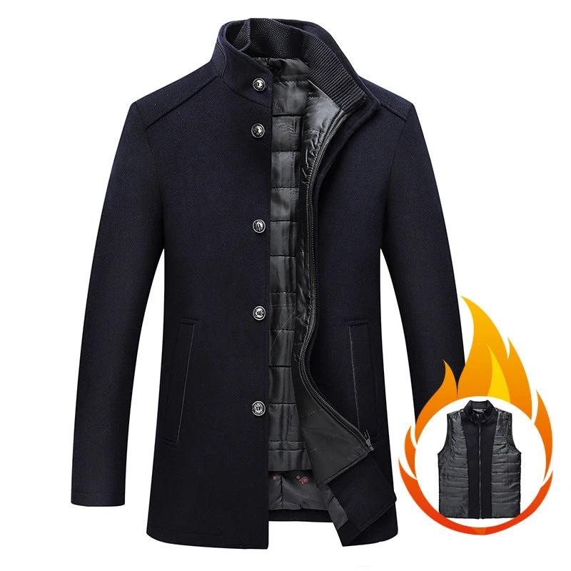 Solid Color Casual Men's Woolen Trench Coat by GJG Denim