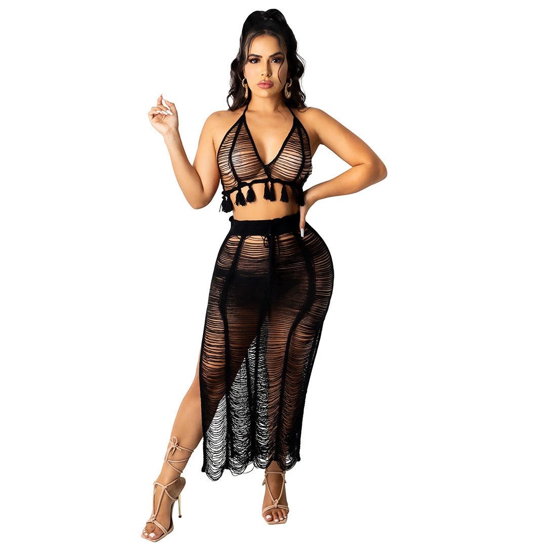 See-through Tassel Knitted Beach Skirt Suit by GJG Denim