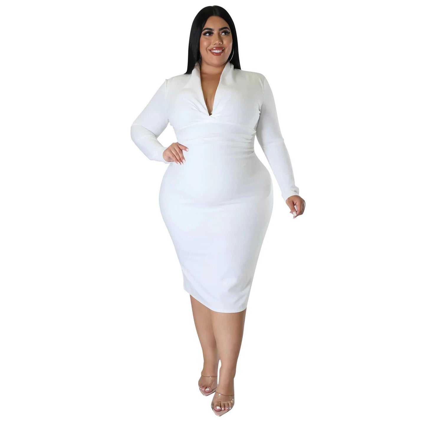 Fashion Casual Solid Color Long Sleeve Zipper V-neck Dress by GJG Denim
