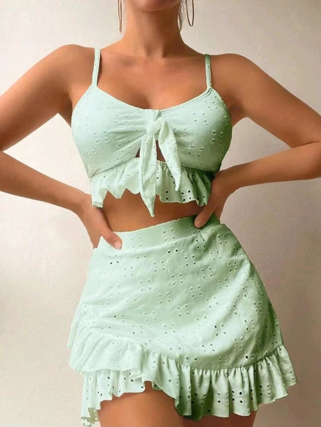 3pcs Beach Bikini With Hip-hugging Skirt Fashion Ruffle Design Swimsuit Set Summer Womens Clothing by GJG Denim