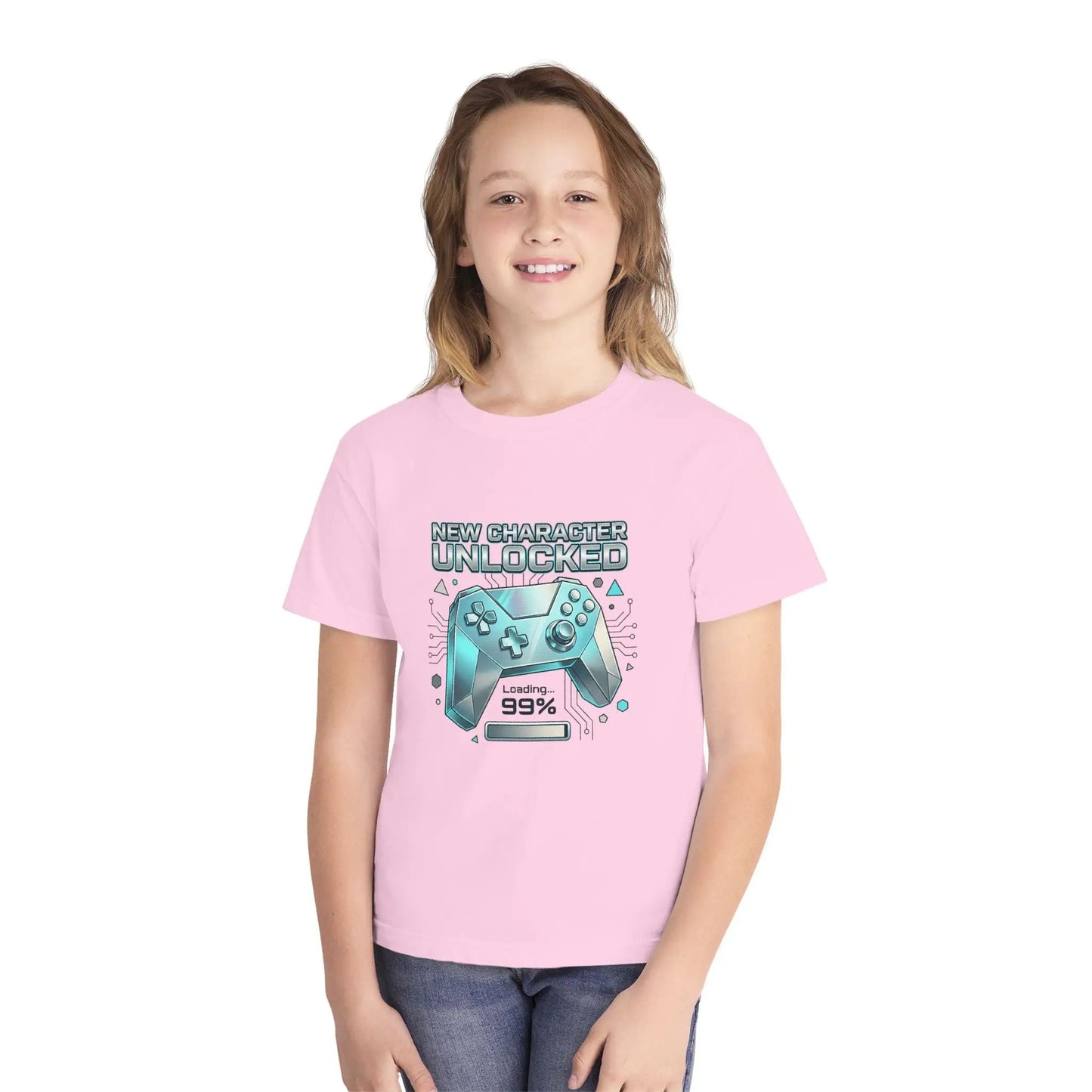 Youth Gaming Tee - "New Character Unlocked" Controller Design (Loading 99%) by Printify