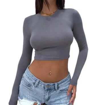 Slim Long Sleeve T-shirt Y2K Fashion Bottoming Short Top Womens Clothing by GJG Denim