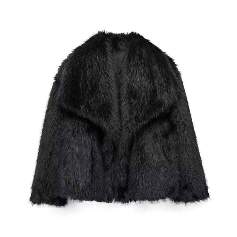 Large Lapel Fluffy Plush Artificial Fur Short by GJG Denim
