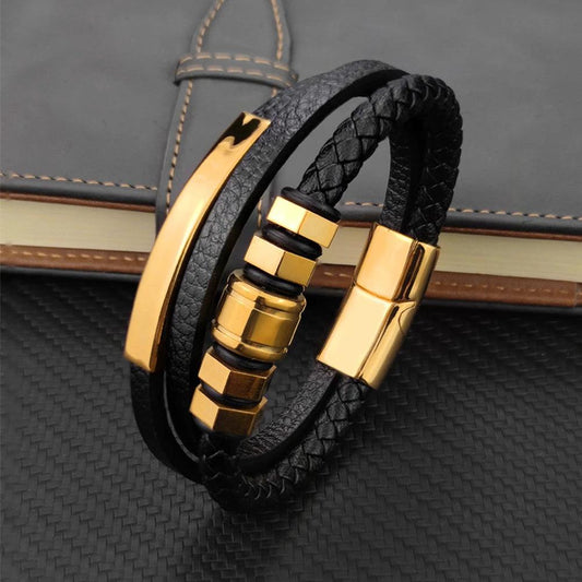 Hexagon 3-Color Stainless Steel Leather Cord Bracelet For Men by GJG Denim
