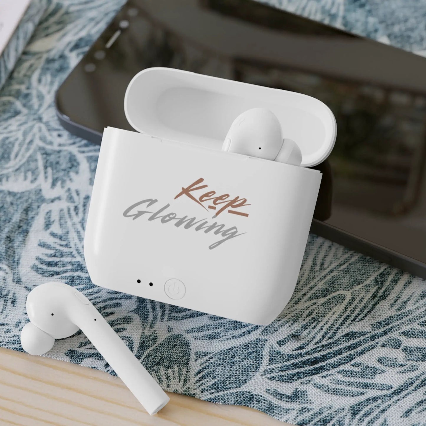 Keep Glowing Wireless Earbuds — Motivational Bluetooth Earbud Case by Printify