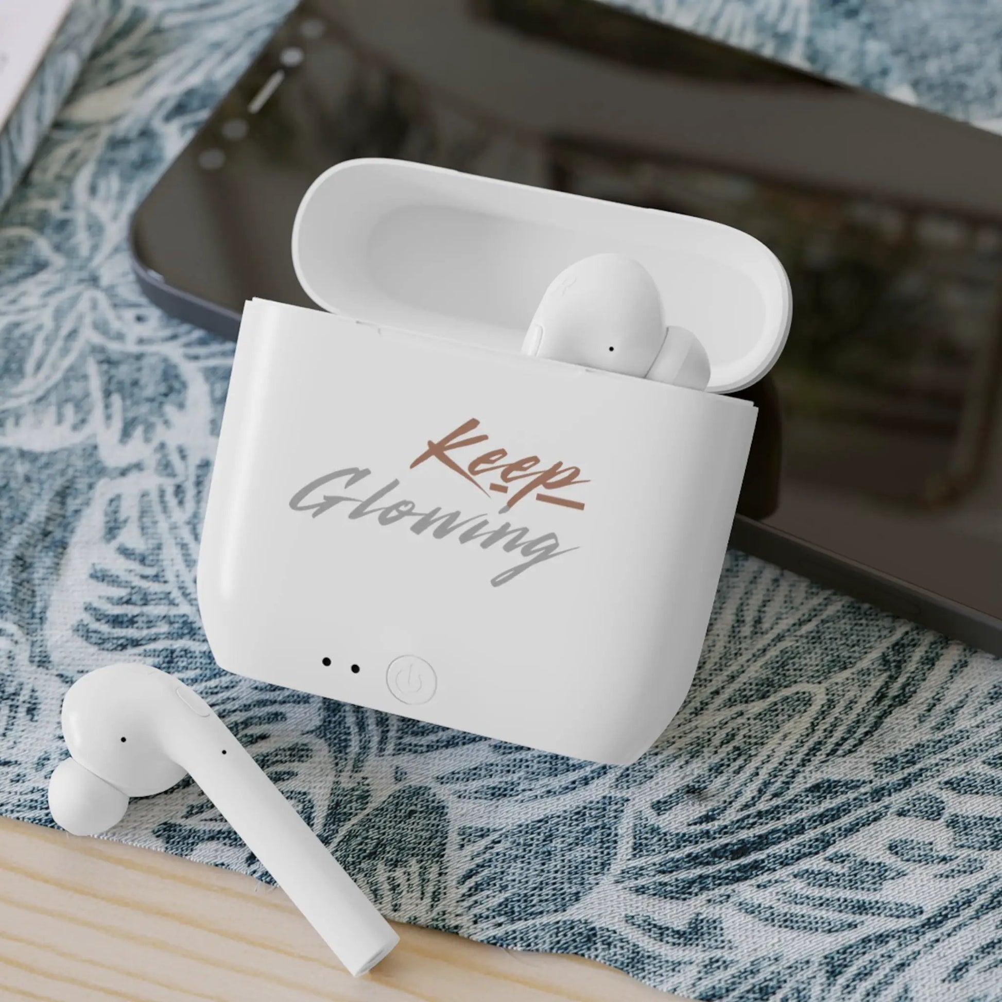 Keep Glowing Wireless Earbuds — Motivational Bluetooth Earbud Case by Printify