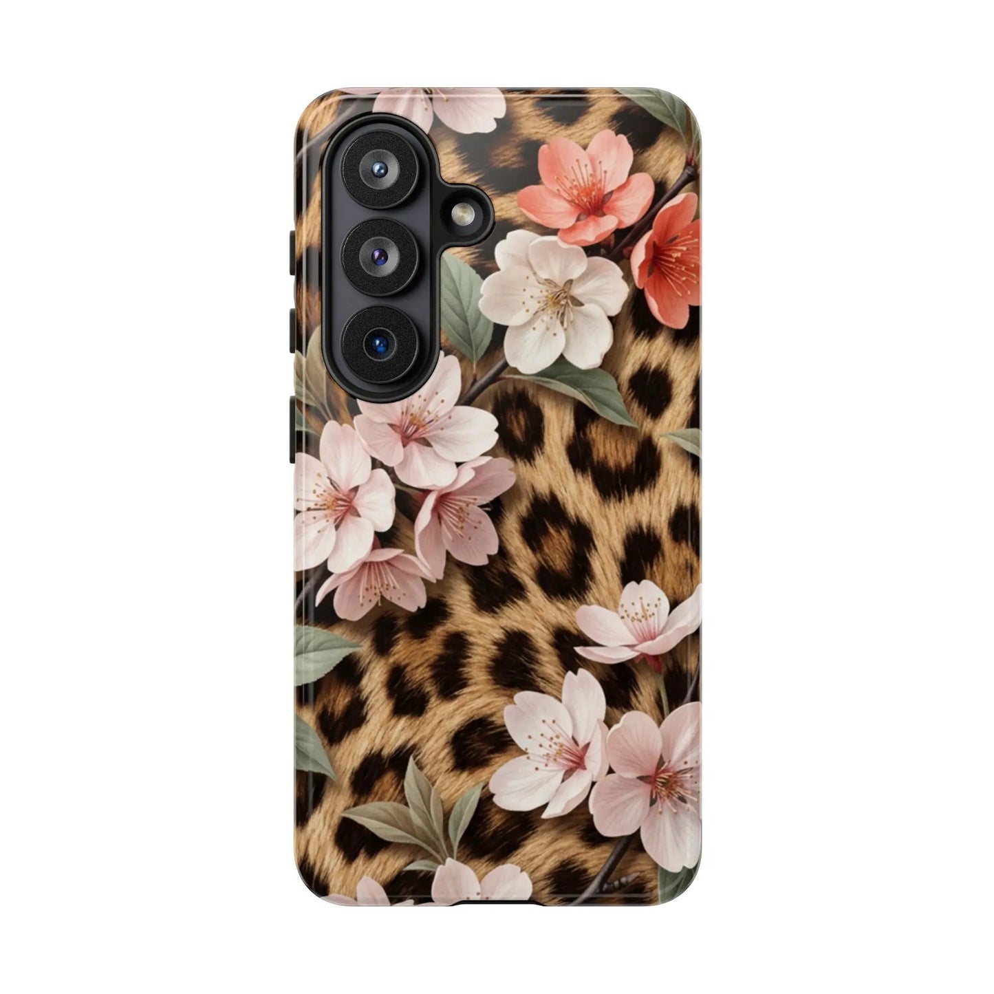 Leopard Floral Tough Case — Protective Phone Case with Pink Cherry Blossoms by Printify