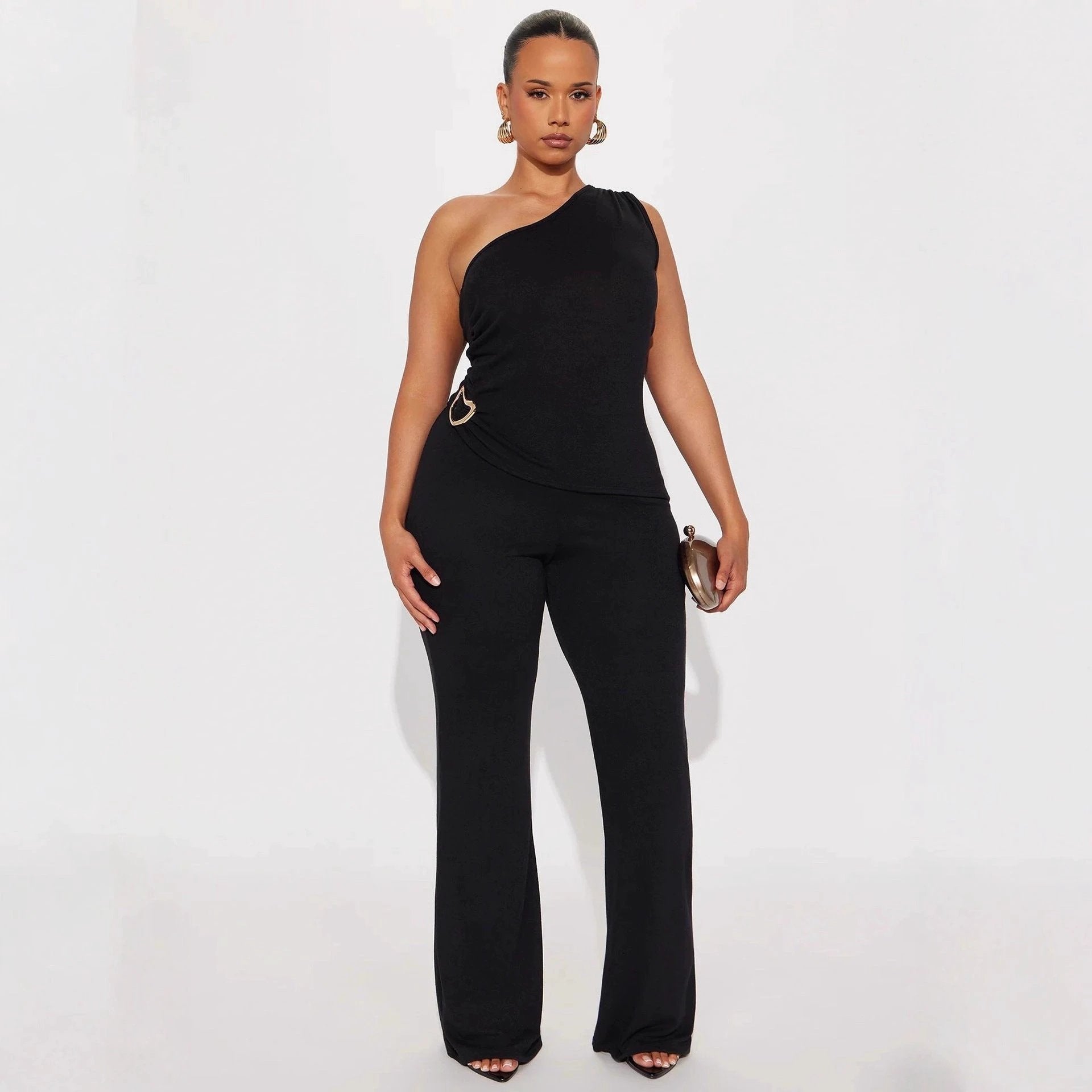 Fashionable Solid-Color Slim-Fit Asymmetrical-Neck Tops And Pants Set That Flatters Your Figure by GJG Denim