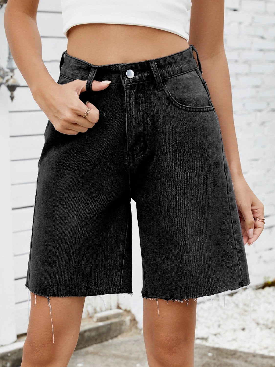 Washed Raw Hem Denim Shorts by Lady Ros