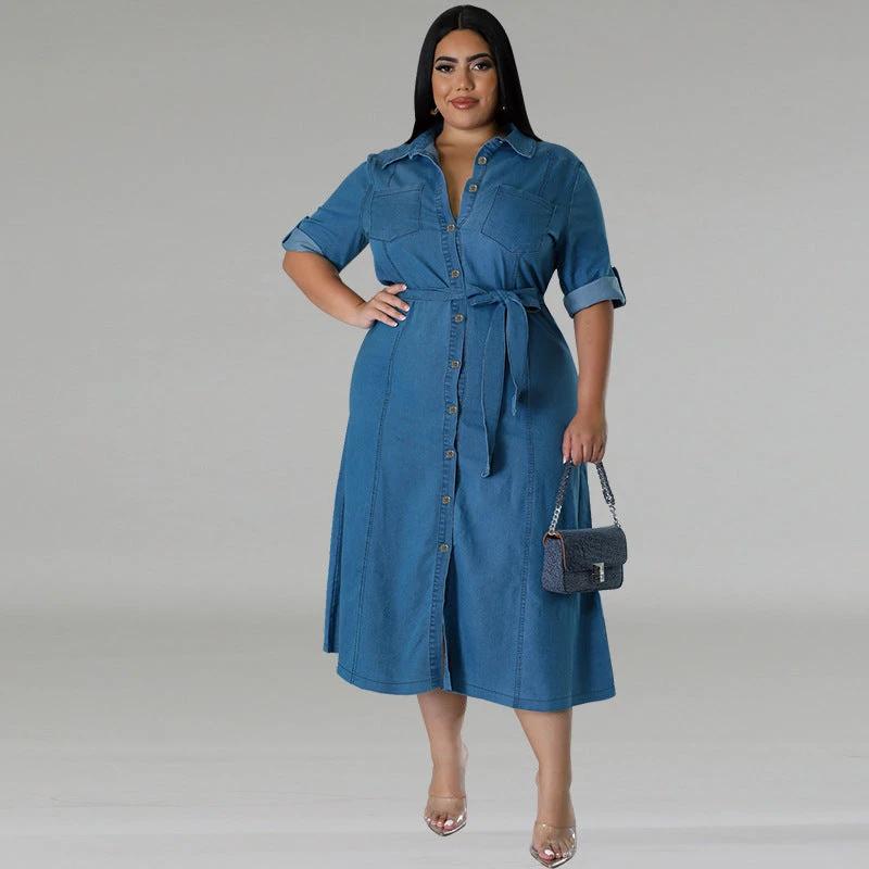 Denim Lapel Long Sleeve Tied Midi Dress by GJG Denim