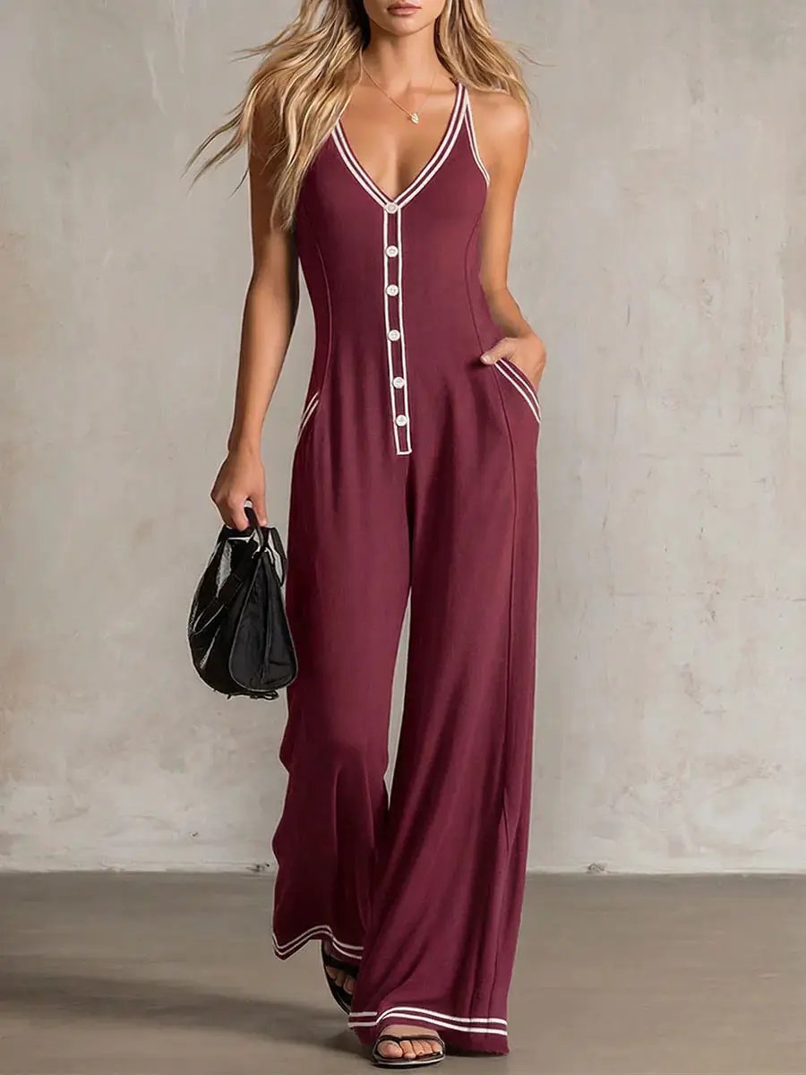 Womens V-Neck Casual Loose Backless Wide-Leg Jumpsuit by GJG Denim