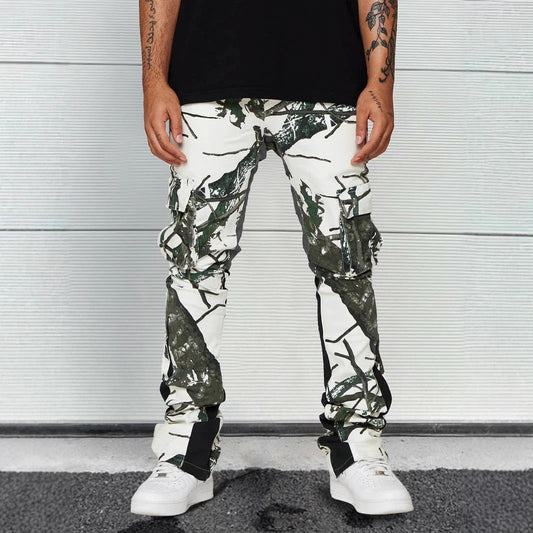 Men's Relaxed-fit Casual Straight-leg Pants With A Leaf And Camouflage Print by GJG Denim