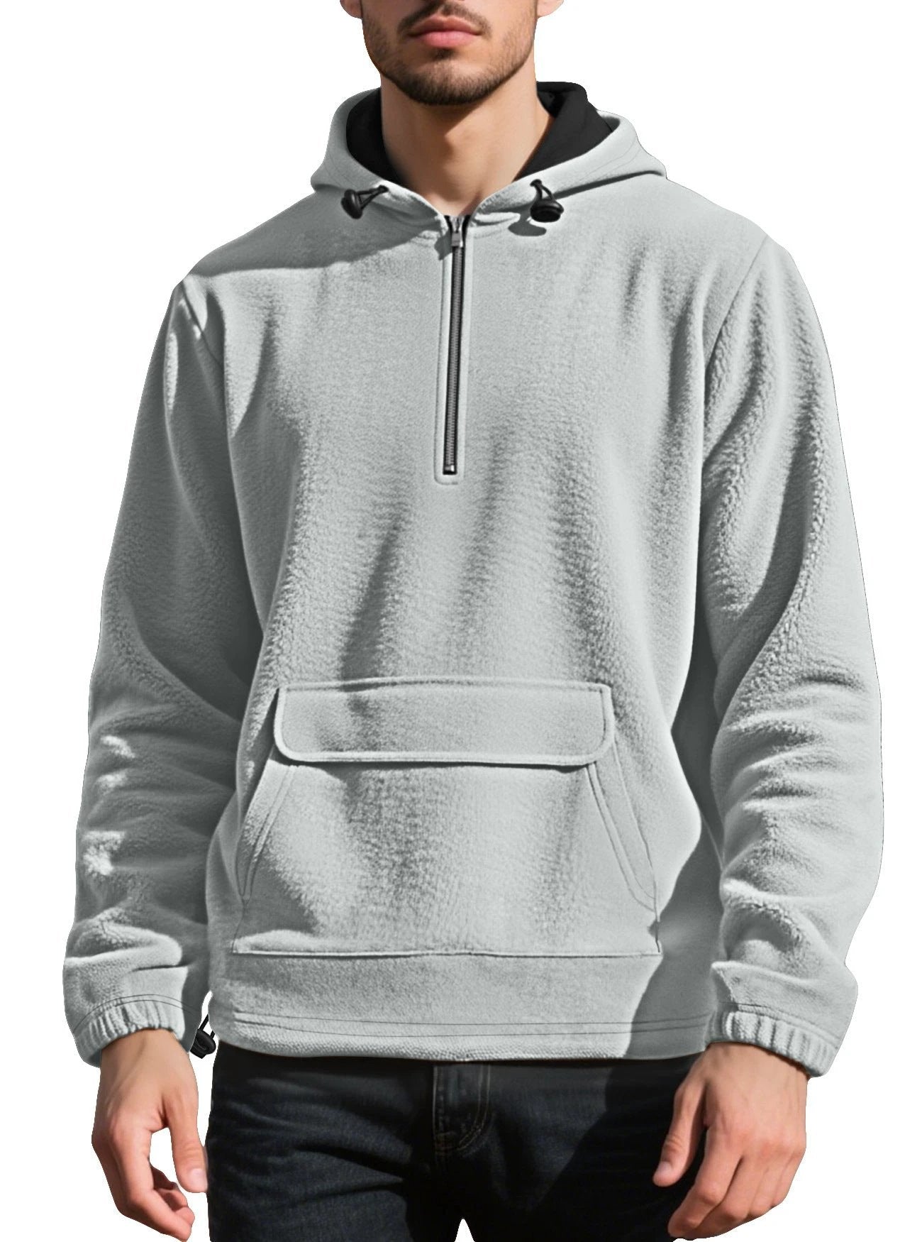 Men's Padded Fleece Solid Color Half Zip Hooded Pullover Sweater by GJG Denim