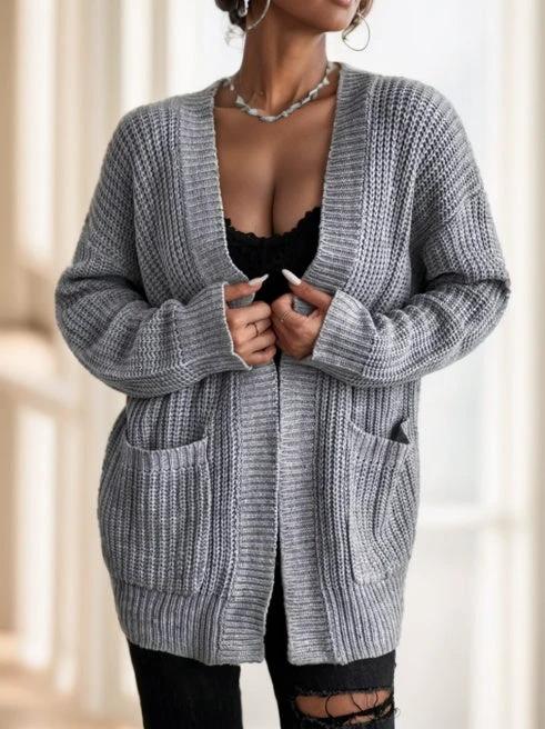 Chiquease Solid Dual Pockets Ribbed Knit Cardigan,Long Sleeve Tops by GJG Denim
