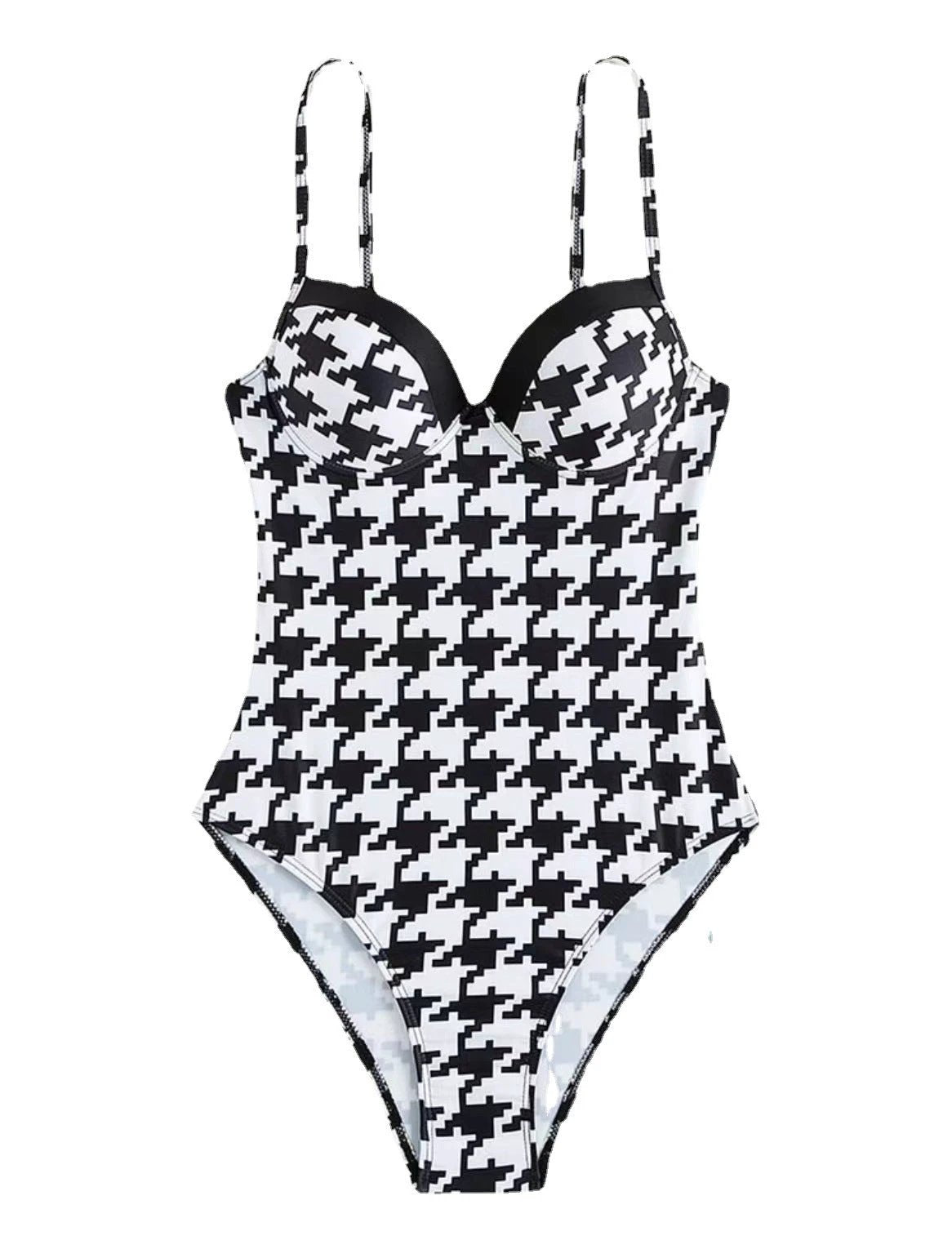 Retro Houndstooth Hard Bag One-piece Women's Beach Swimwear by GJG Denim