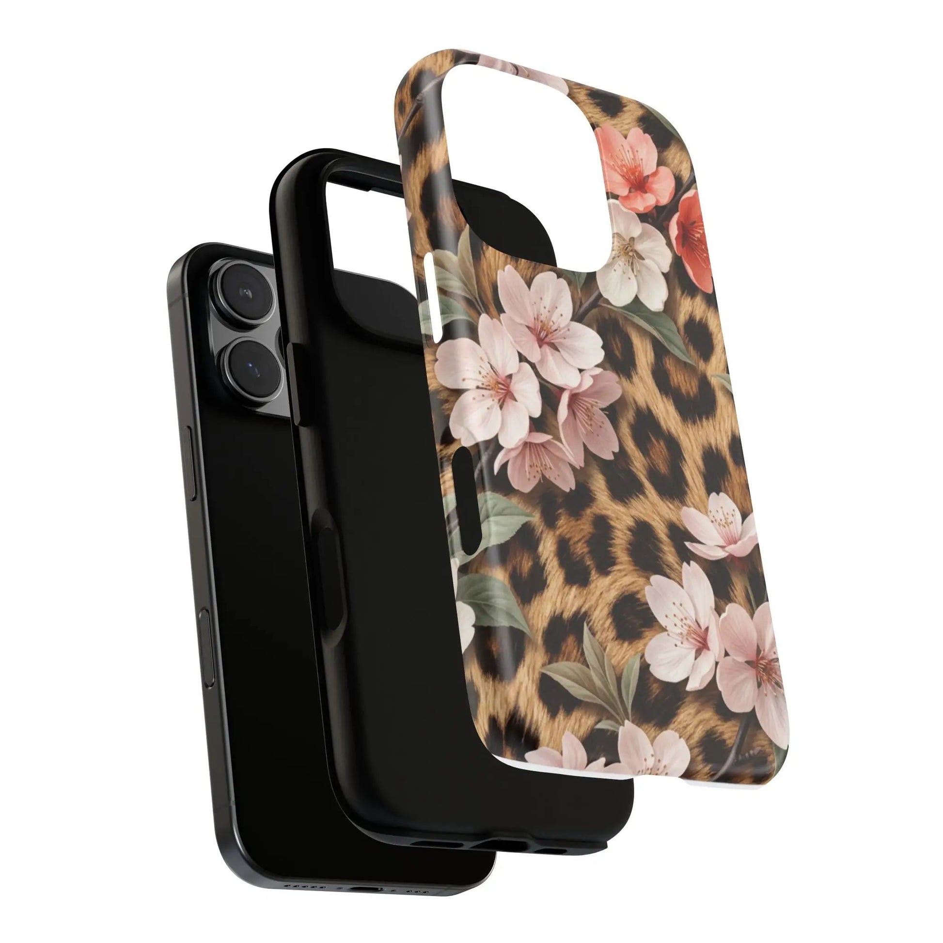 Leopard Floral Tough Case — Protective Phone Case with Pink Cherry Blossoms by Printify