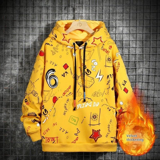 Men's Fleece-lined Graffiti Hooded Sweater by GJG Denim