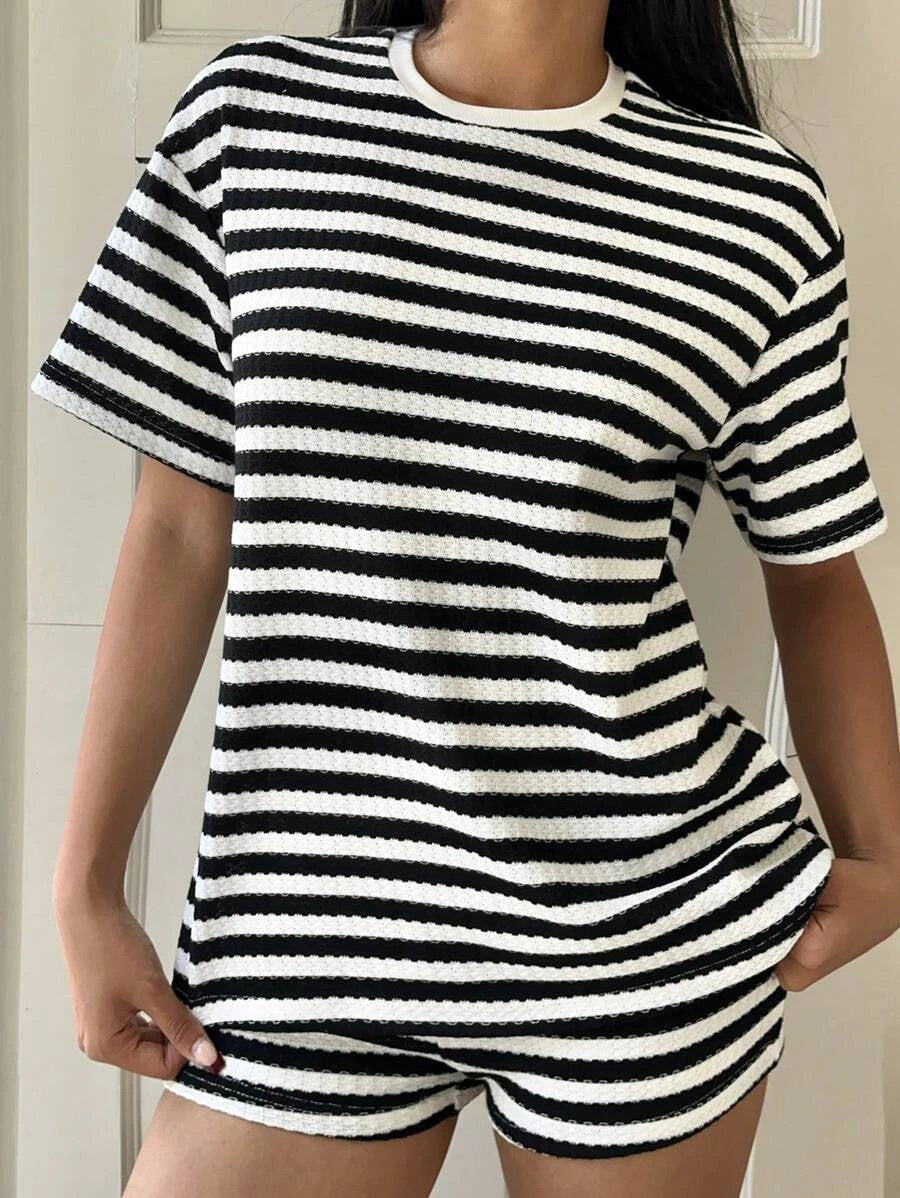 Striped Short-Sleeve T-Shirt Set Womens Fashion Summer by GJG Denim